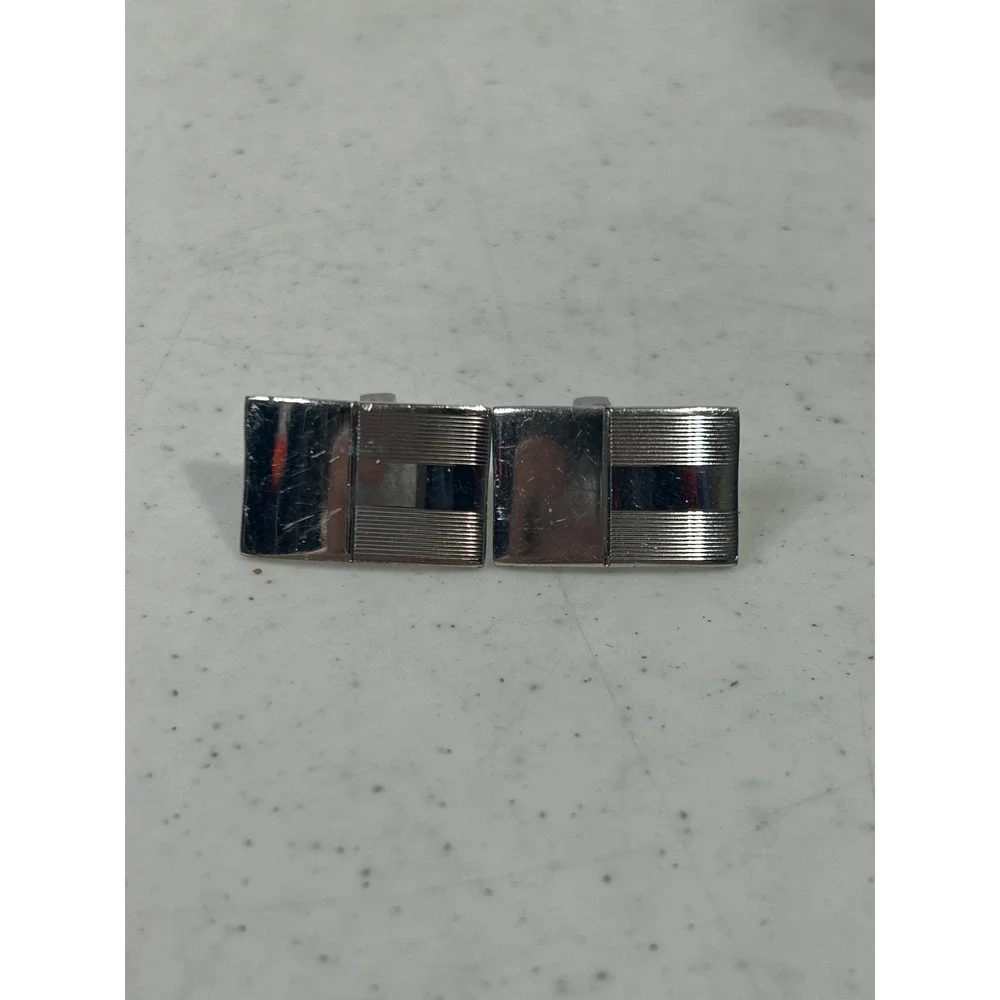 Vintage Silver Tone Rectangular Striped Cufflinks Mid Century Modern Formal Mens